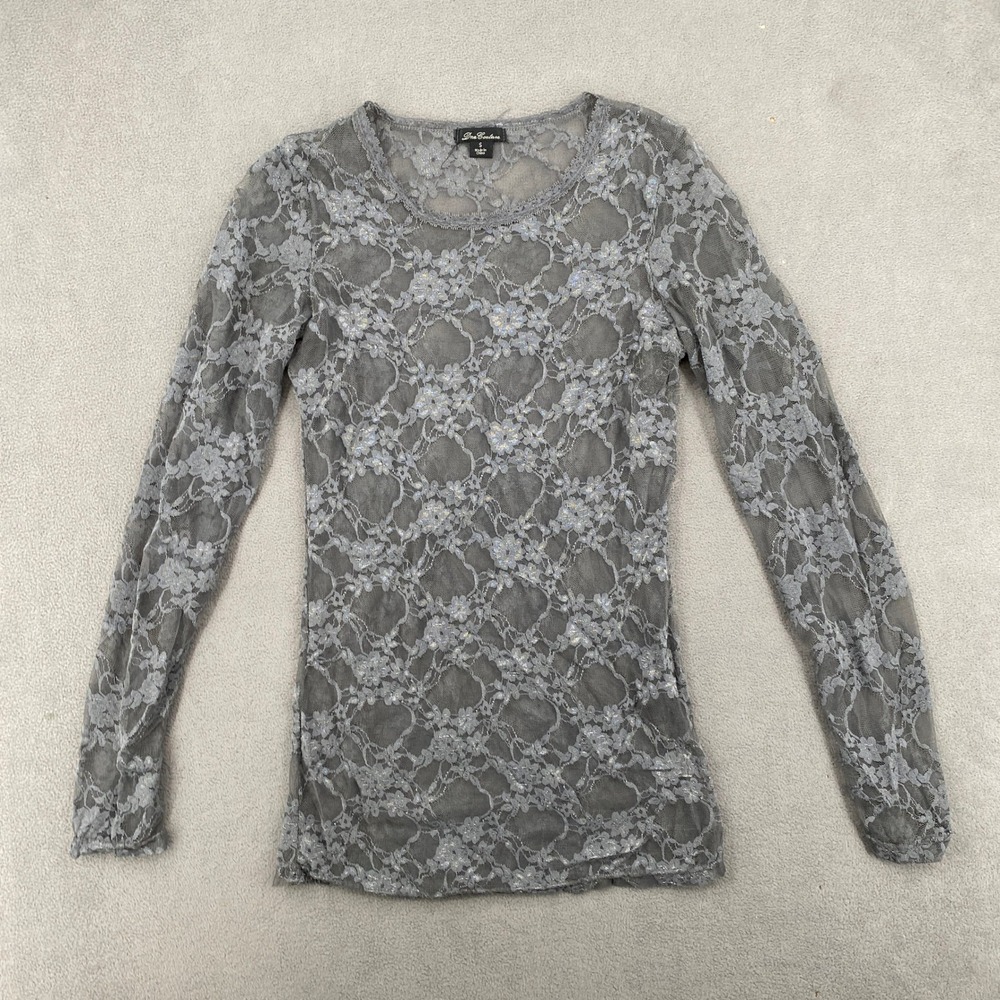 Dna Couture Grey Floral Lace Long Sleeve Top Shimmer Metallic Sheer T1607 Small